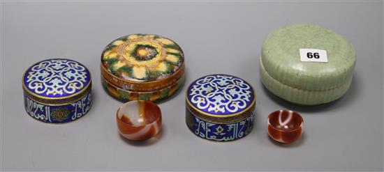 Two Islamic champleve enamel boxes and covers, agate geode halves and quartz cups